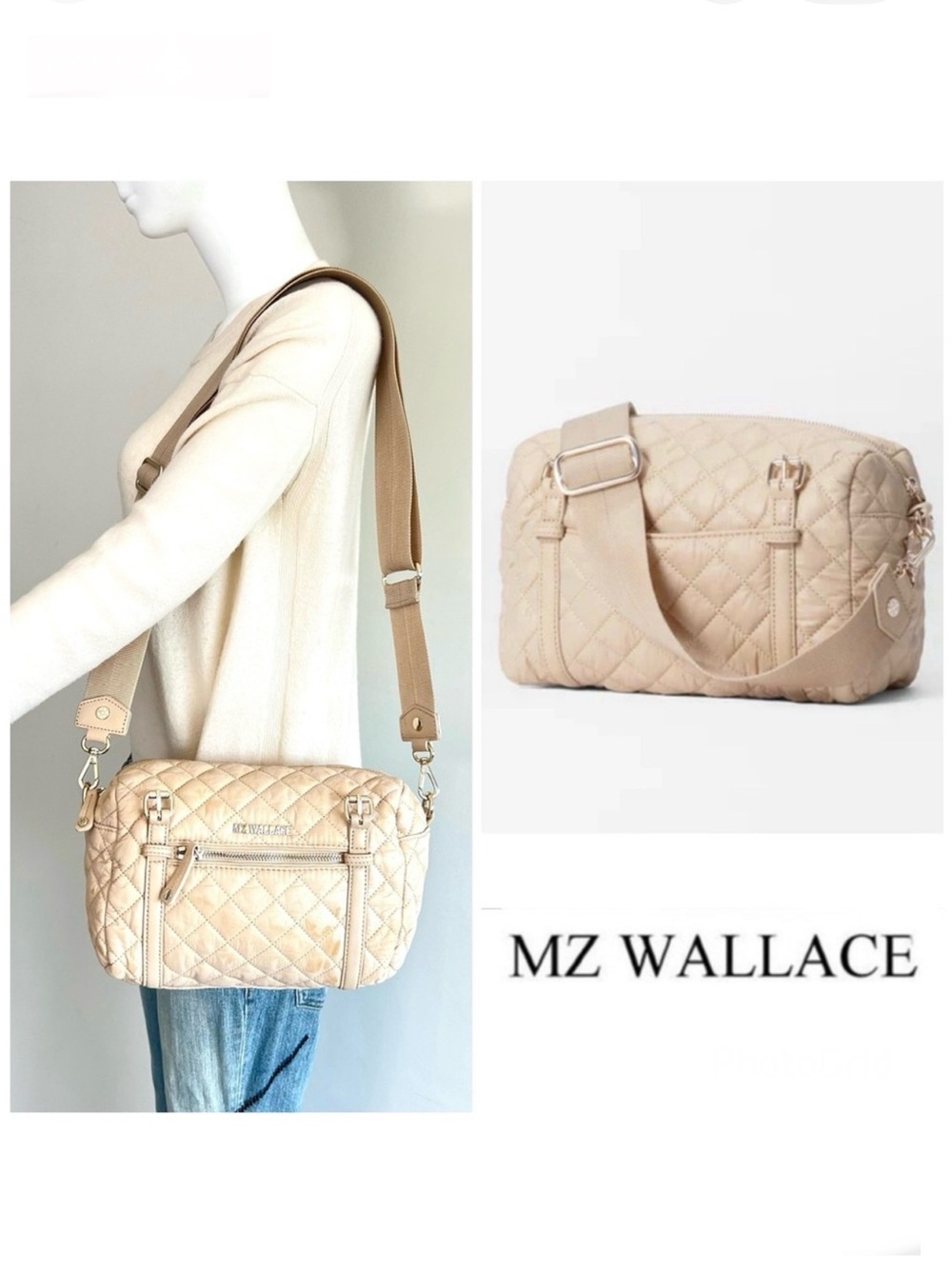 MZ WALLACE Crosby Barrel Beige Nylon Leather Trim Lightweight Shoulder Bag